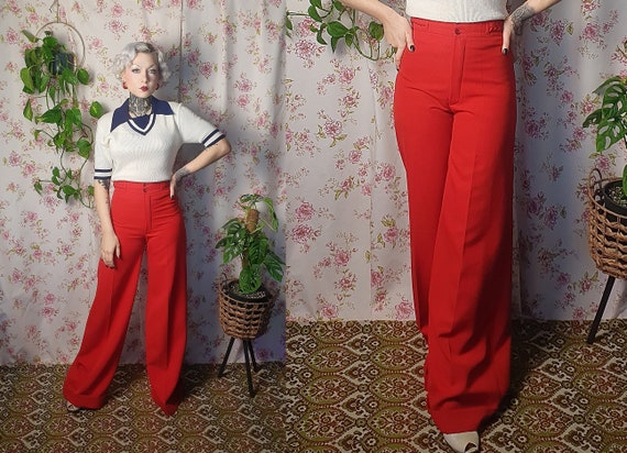 Vintage 1930s 1940s Style Red Cotton Twill Wide Leg Slacks