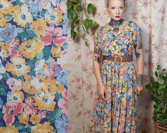 Romantic colorful floral print shortsleeve pleated skirt a line dress - UK12-14+ - 1940s 1950s style - 80s does 50s shabby floral dress