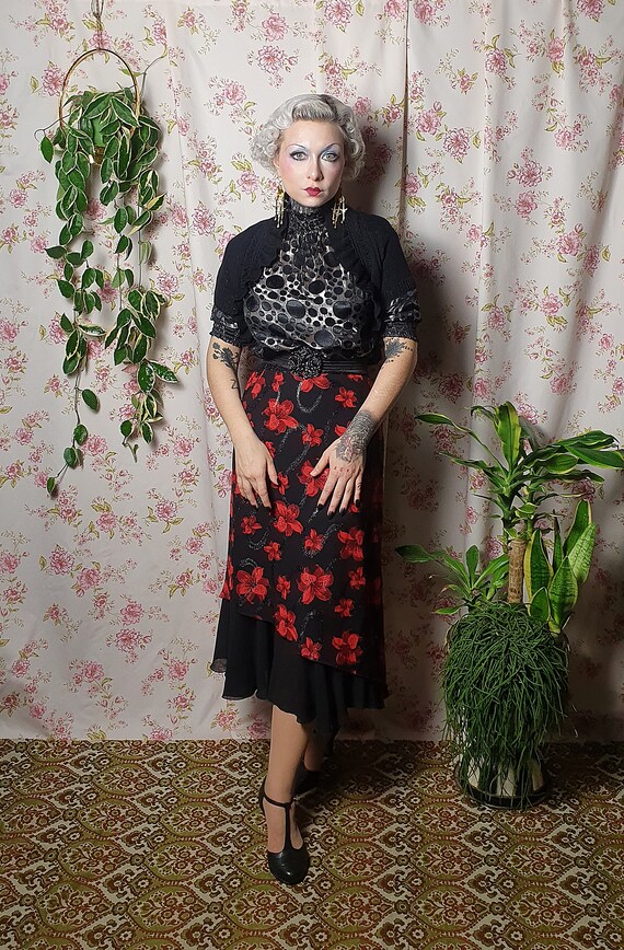 Vintage black red floral print a line midi skirt … - image 4