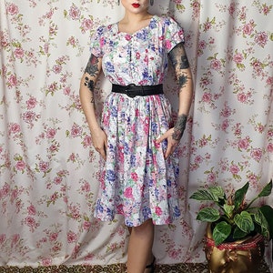 Vintage pastel pink purple romantic shabby floral puffy sleeve swing dress UK 8 12 1940s 1950s style 80s does 40s floral print dress image 5