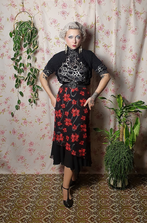 Vintage black red floral print a line midi skirt … - image 5