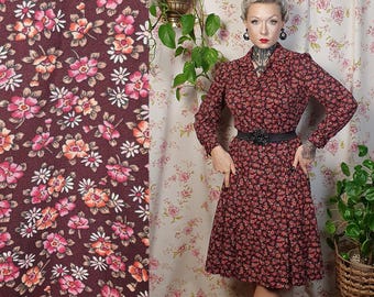 Autumn burgundy pink floral print longsleeve collared vintage fall winter dress - UK 12-14 - 1940s style - floral midi dress for fall winter
