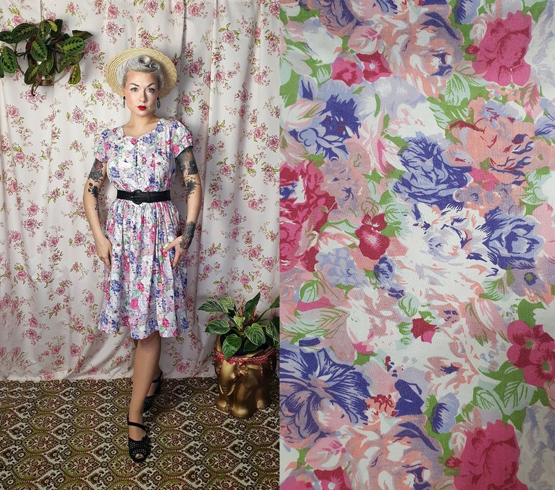 Vintage pastel pink purple romantic shabby floral puffy sleeve swing dress UK 8 12 1940s 1950s style 80s does 40s floral print dress image 1