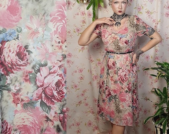 Pink romantic floral print frilly neck 30s 90s y2k style rayon crepe georgette dress - UK 10-12 -1920s 1930s style- 90s does 30s rayon dress