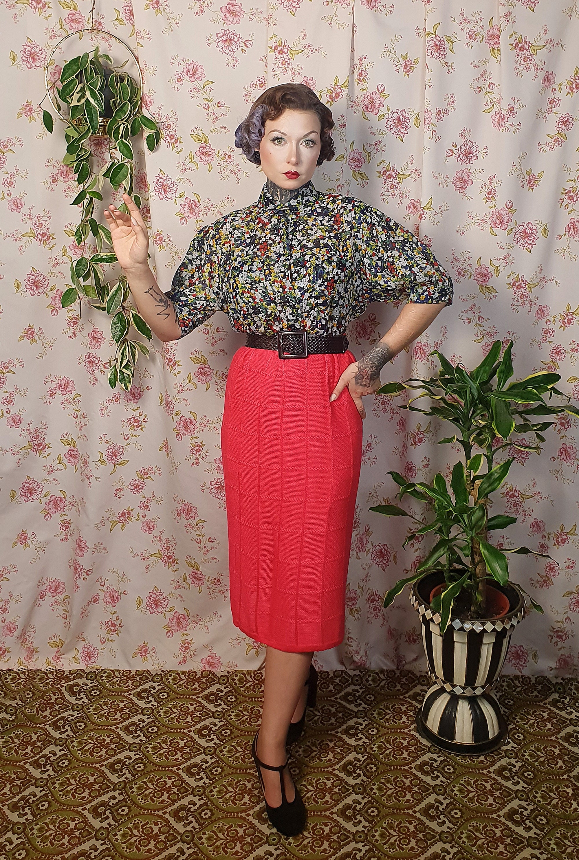 Vintage Patterned Knit Fuchsia Pink Wiggle Pencil Mid