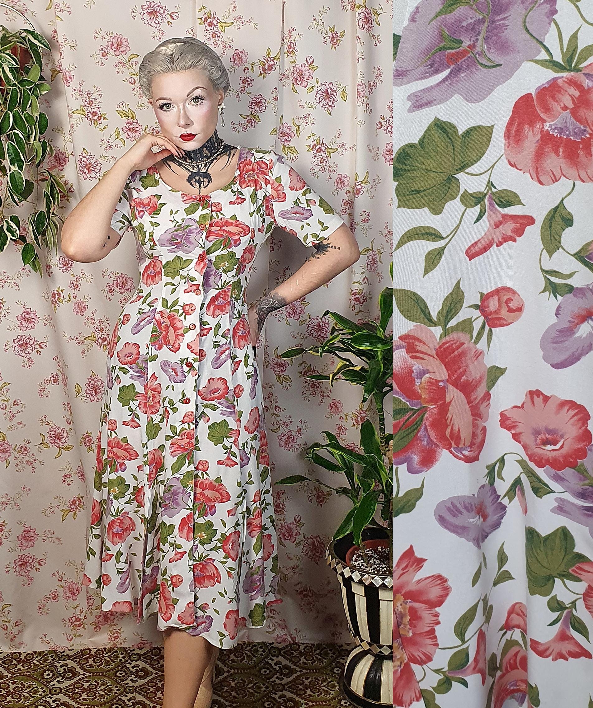 Romantic floral print rayon white purple red rayon dress - UK 10- 12+ - 1940s 1950s style - 80s does 40s tiki floral laura ashley dress