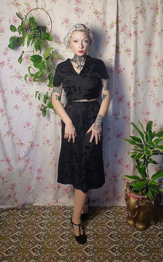 AS IS Vintage mid century black floral jacquard w… - image 3