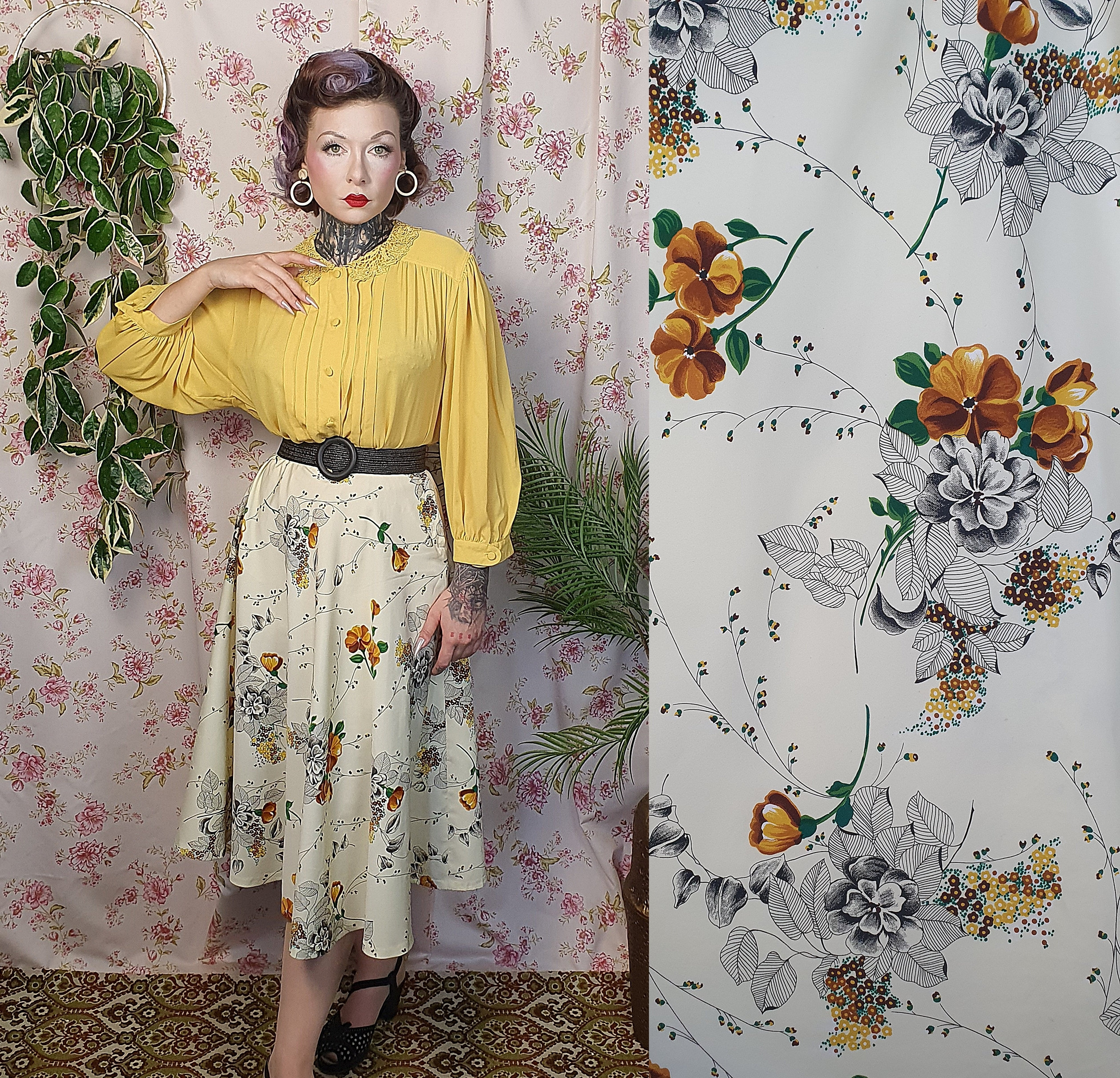 Vintage Romantic White Golden Yellow Floral Print Half