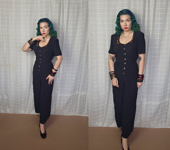 Vintage 1940s 1950s style black jumpsuit with ambe