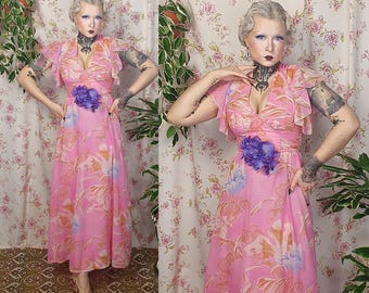 Maxi romantic barbie pink purple shabby floral print v neck flutter sleeve dress- UK 8-10 - 1930s 1940s style -70s does 30s floral dress