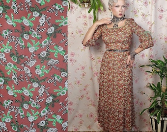 Fall fairycore maxi 70s does 30s rust brown ditsy bow floral print ruffle sleeve romantic dress -UK6 - 1970s does 1930s  - 1930s 1940s style