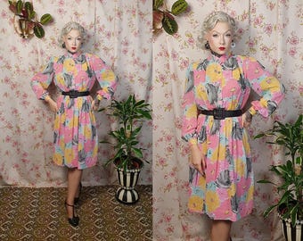 Romantic bubblegum pink yellow blue pastel abstract floral print bishop sleeve georgette dress - UK8-12 -1940s 1950s style - 80s does 40s