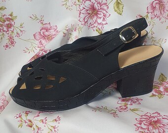 Vintage 30s 40s style black low heel platform slingback cutout walking shoes sandals -  UK7 - 7.5 -  vintage 1930s 1940 summer cutout shoes