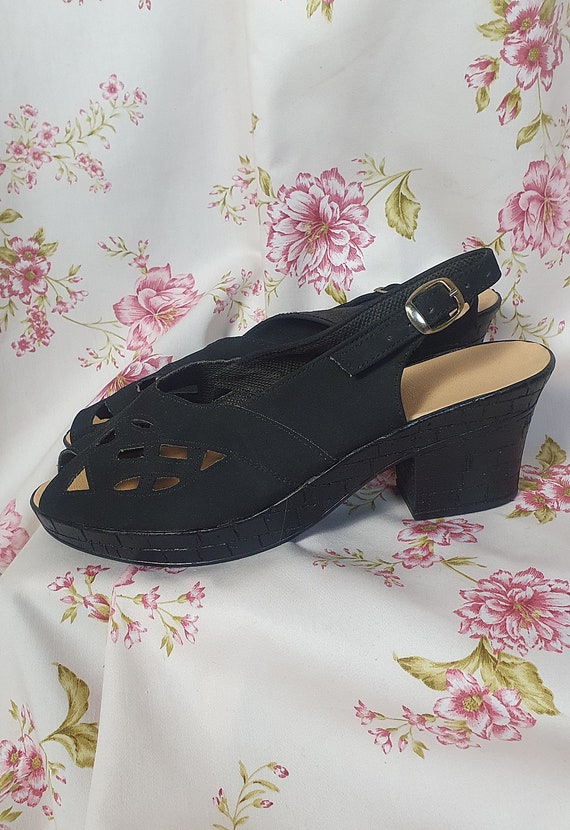 Vintage 30s 40s style black low heel platform sli… - image 1