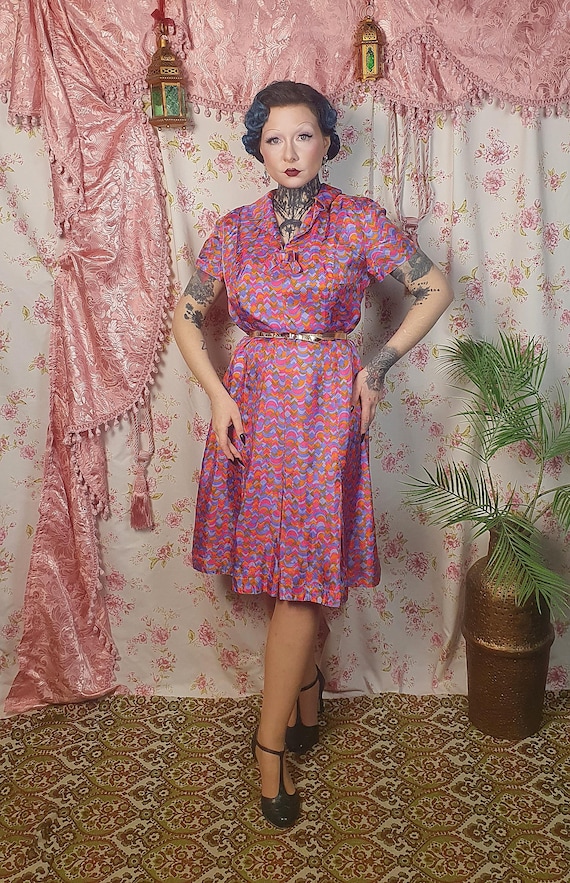 60's style a line dress Vintage 60s lavender purple orange pink shortsleeve a line dress - UK12-14
