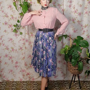 Vintage A line pleated floral blue purple pink green romantic swing skirt UK 8-10 1940s 1950s style 80s does 50s cottagecore skirt image 3