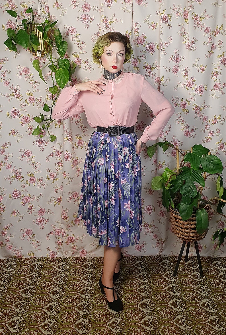 Vintage A line pleated floral blue purple pink green romantic swing skirt UK 8-10 1940s 1950s style 80s does 50s cottagecore skirt image 3