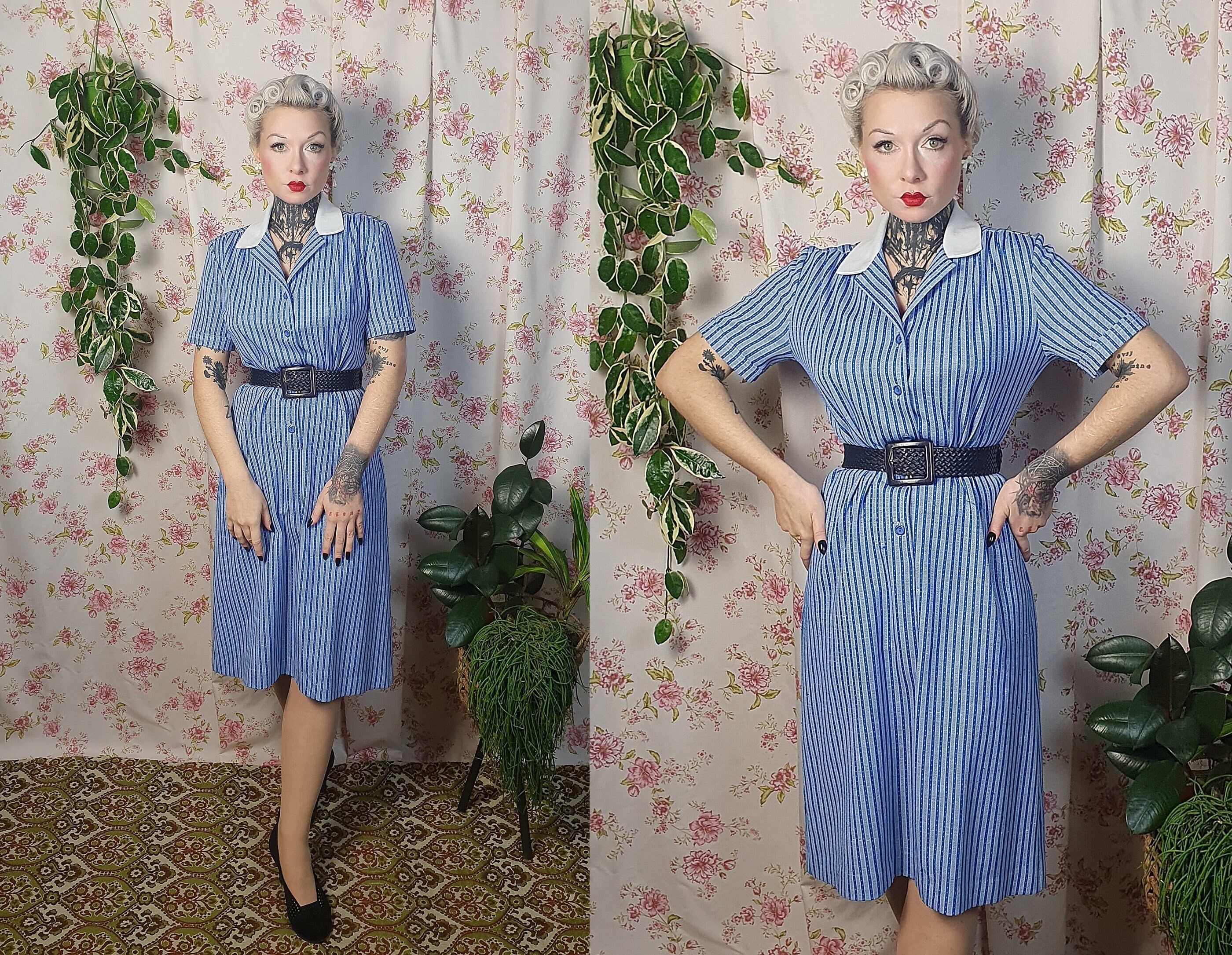 Robe vintage bleue et blanche a col tailleur Style vintage des annees 10 12 et annees 1950 Robe d ete a rayures bleues Etsy France