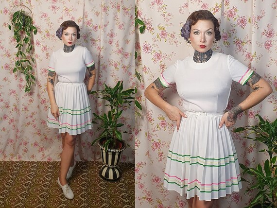 60s White Striped Shortsleeve Fit and Flare Pleated Skirt Sporty Tennis Dress UK 8 10 1950s 1960s Style 760s White Pique Mod Dress Etsy Canada
