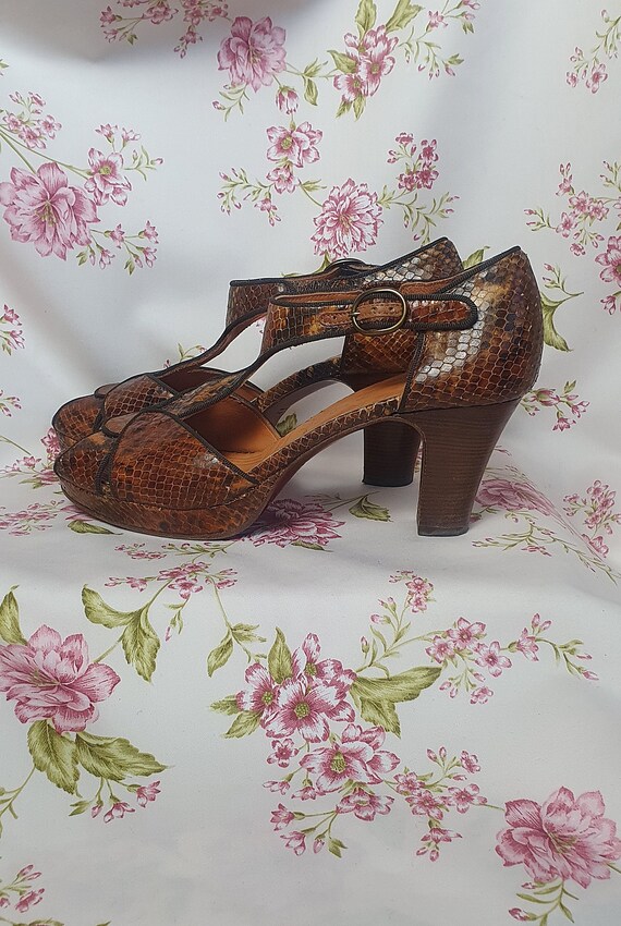 Vintage 1940s Inspired Reproduction Chie Mihara Warm Brown Snakeskin T strap Peep Toe Platform Heels UK7 7.5 30s 40s Peep Toe Shoes Etsy UK