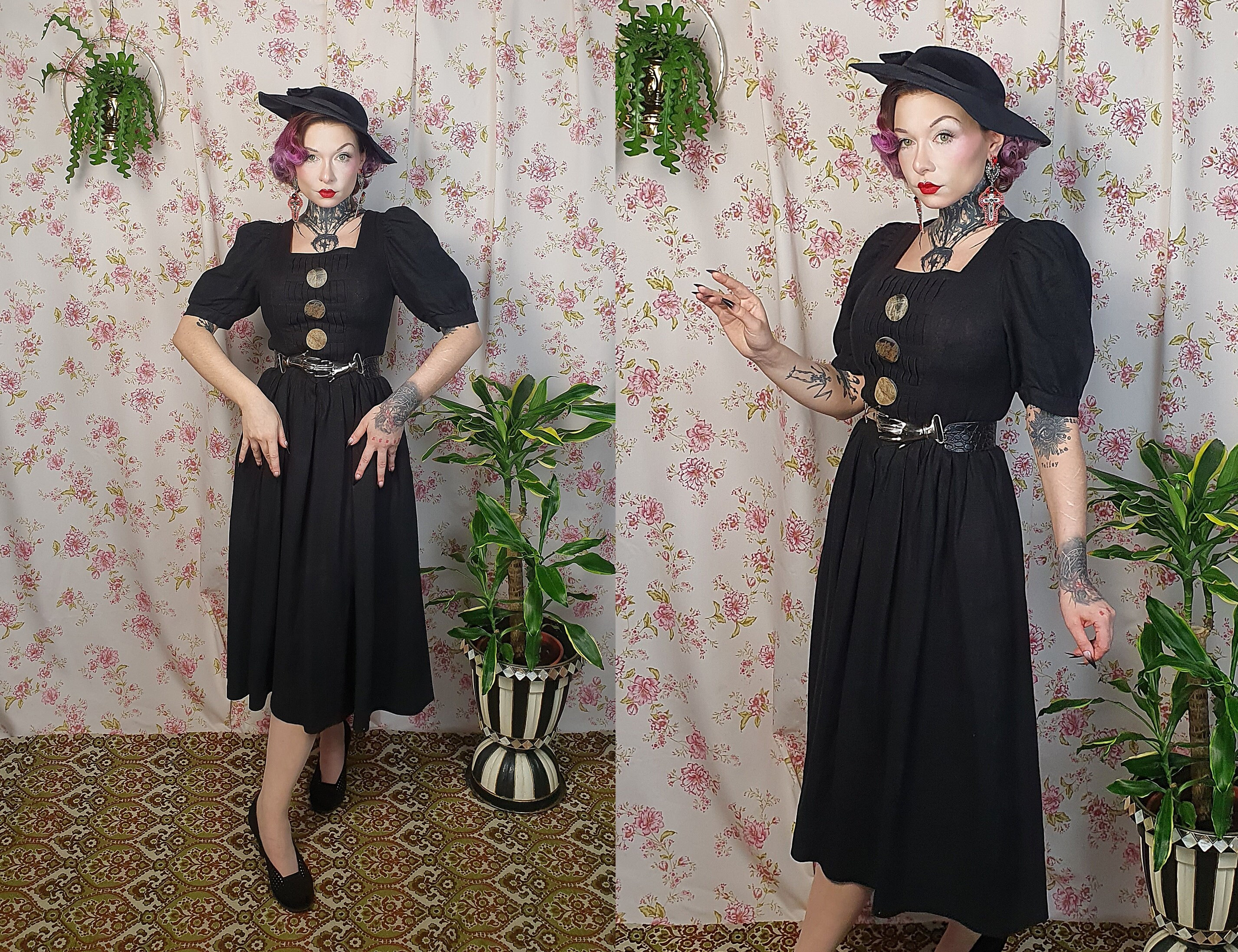 luxe×WittyVintageコラボレーションブブラウス　BLACK Vintage Austrian Black Linen Velvet Puffy Sleeve Witchy Folk Dress