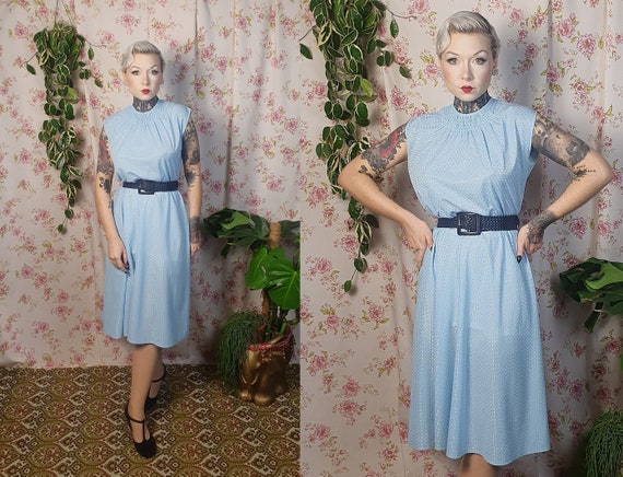 Vintage romantic pastel blue sleeveless swing pol… - image 1