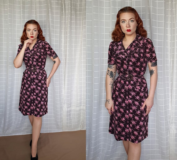 Vintage 1930s 1940s style black pink purple floral