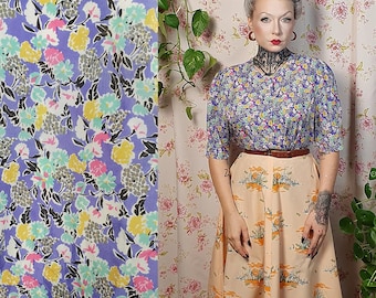 Quirky illustrative graphic floral print purple ping green print puffy sleeve shortsleeve shirt - UK12-14+ -1940s 1950s style- 80s does 30s