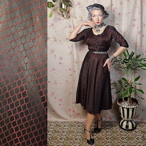 Original 50s black and red geometric pattern 3/4 circle skirt satin swing dress -UK8 -1940s 1950s style vintage - v neck evening dress