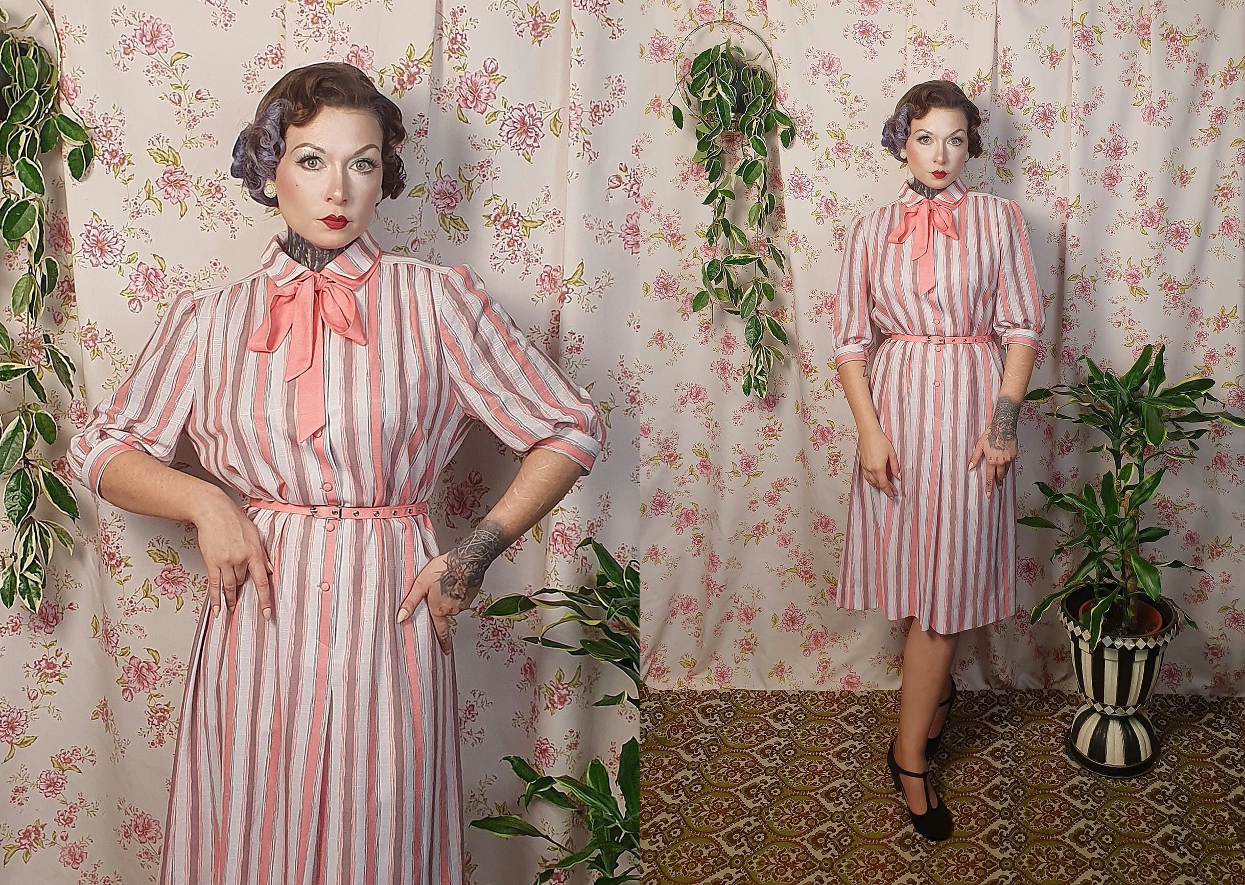 Peach Pink White Striped Diner Style Shirtwaister Peter Pan Collar