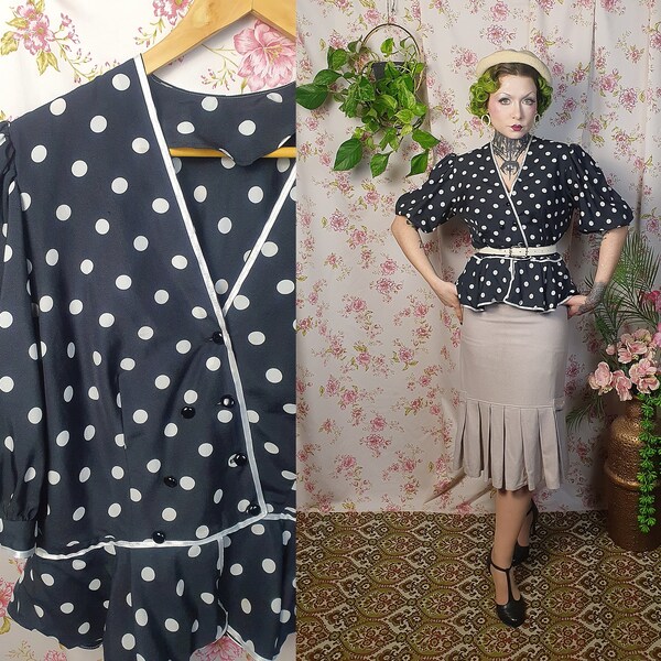 Vintage black and white polka dot print puffy shoulder peplum blouse - UK 12 - 14+ - 1940s 1950s style - 70s does 30s peplum pin up top