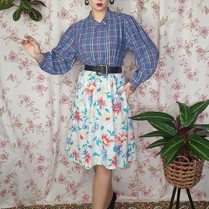 Vintage white blue red romantic floral a line cotton landgirl skirt UK 8-10 1940s 1950s style 80s does 50s a line 40s floral skirt image 4