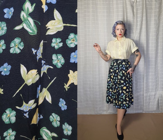 Vintage black floral a line rayon skirt - UK 10-1… - image 1