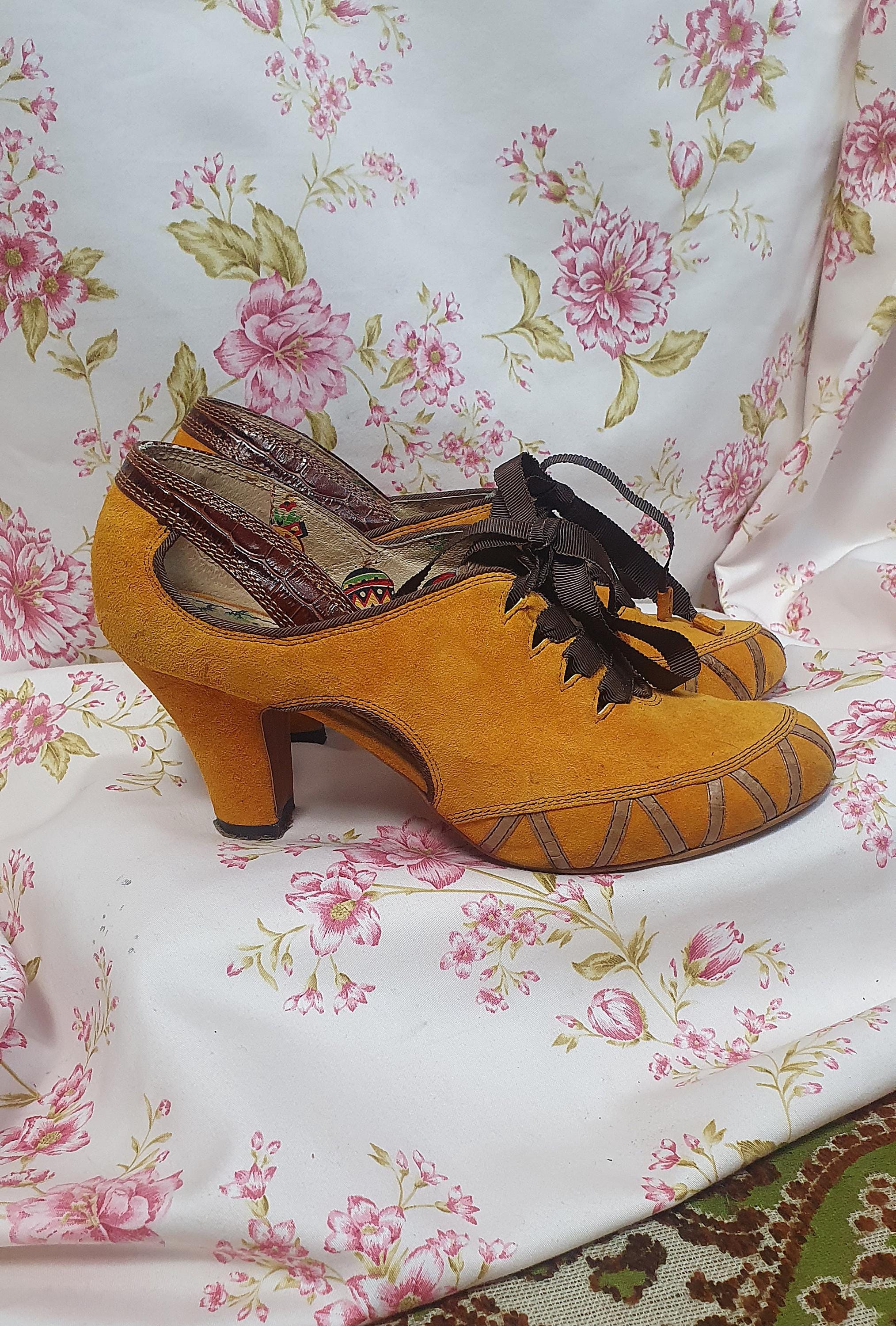 Vintage 1940s Reproduction Heels Miss L Fire Flamenco Yellow Suede