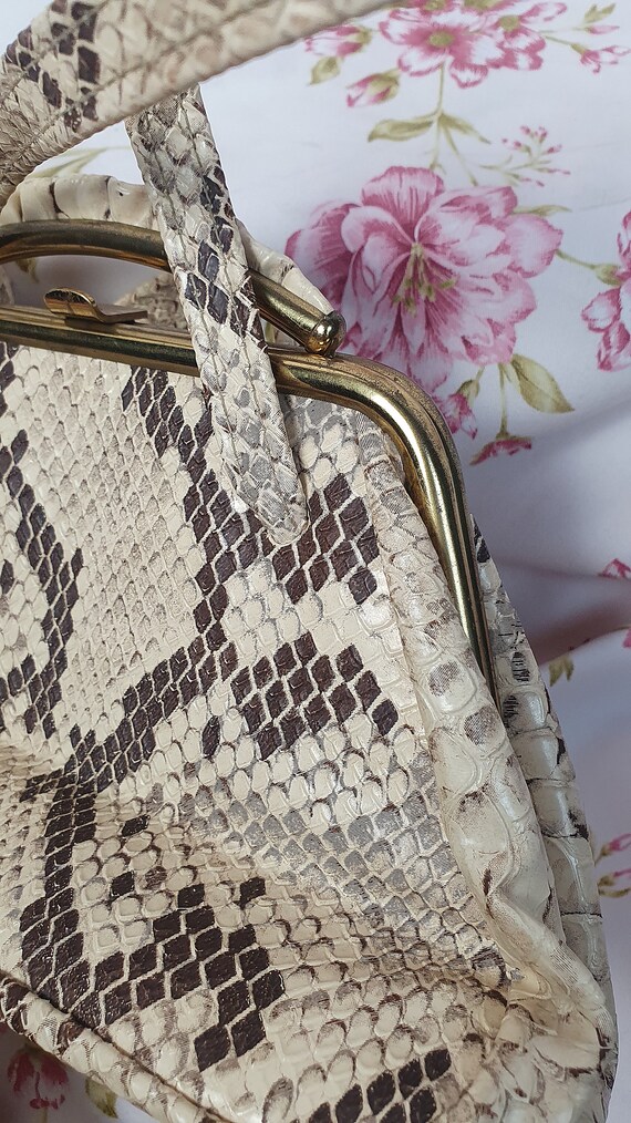 Sac à Main Vintage En Peau De Serpent Avec Porte-monnaie - Bandoulière Marron - Occasion Très Bon état - Fabriqué En France