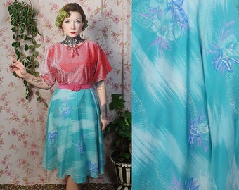 Vintage aqua teal blue romantic aquarelle floral a line swing skirt - UK 8-10 - 1940s 1950s style - 80s does 50s a line pastel floral skirt