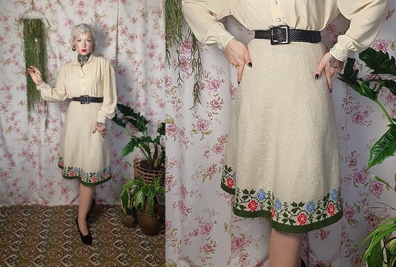 Vintage a line white green folk pattern romantic … - image 1