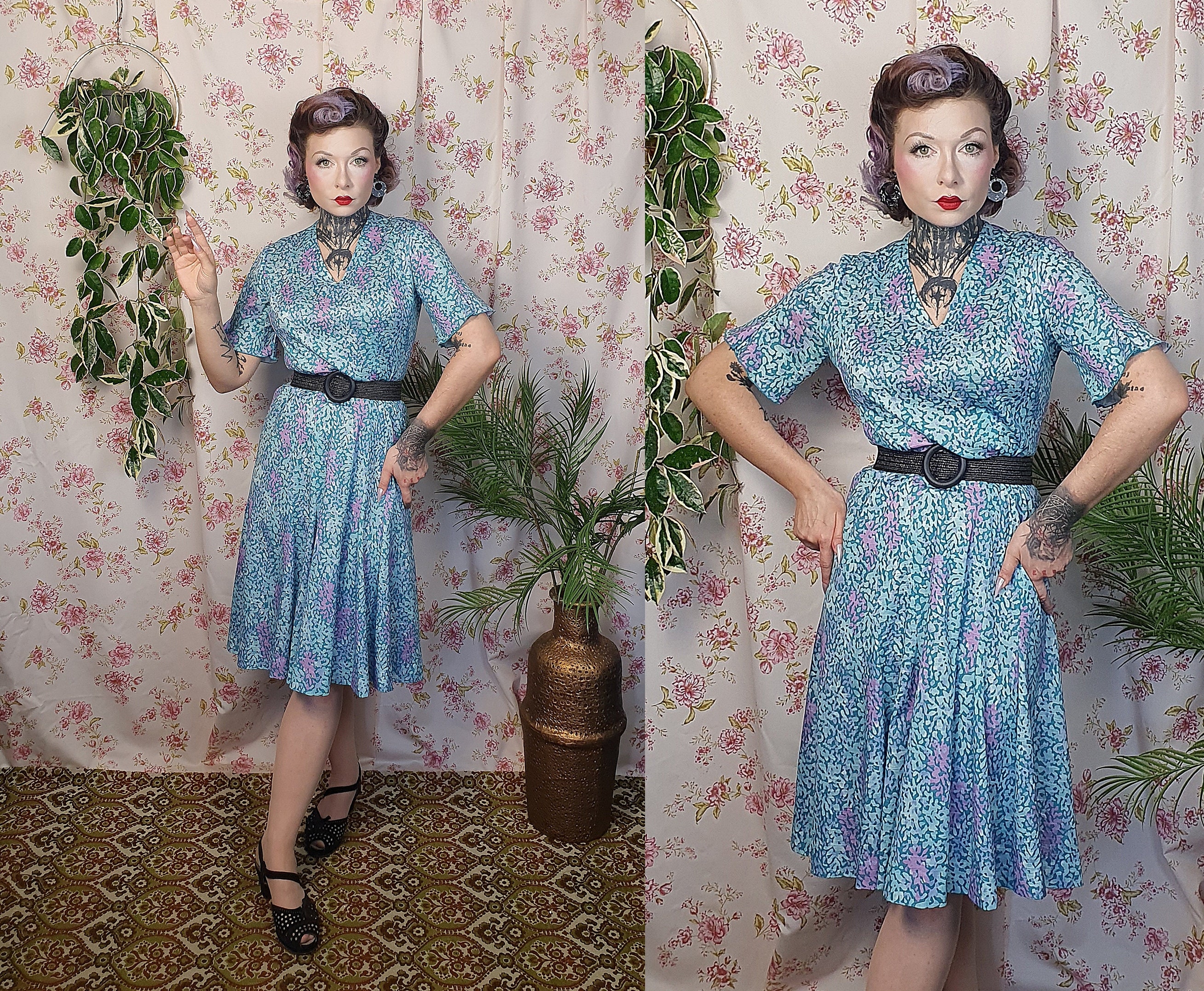 Vintage Teal Floral Swing Dress – 1940s Style, UK 10-12 - Etsy