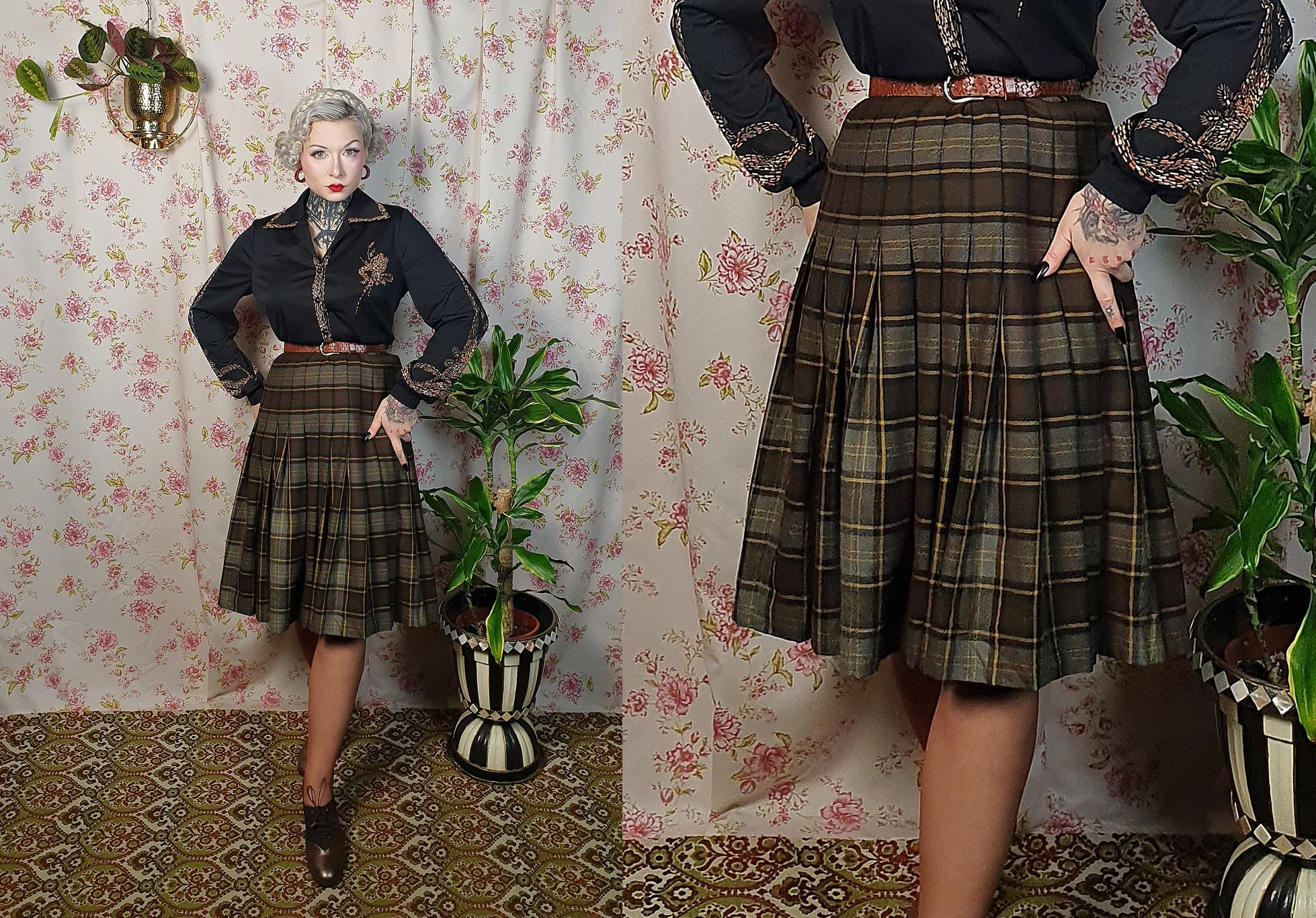 Brown Grey Twill Wool A Line Pleated Schoolgirl Swing Skirt