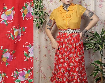 Printed cotton floral midi bottom ruffle skirt cottagecore romantic prairie edwardian - UK8-10- 70s does 30s bohemian floral cotton romantic
