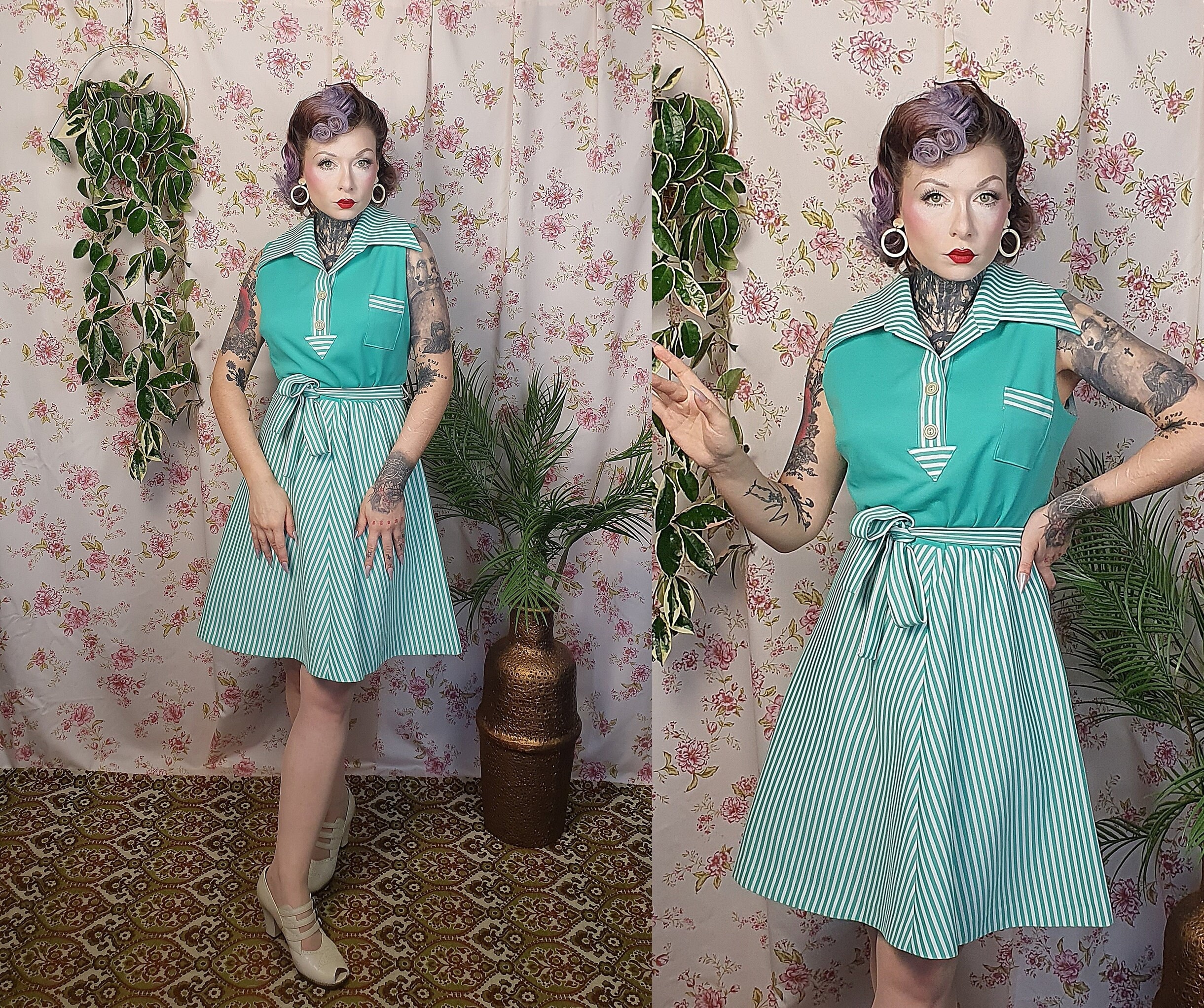 Vintage Green Teal White Striped Diner Style Shirtwaister