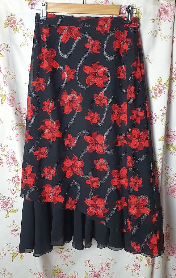Vintage black red floral print a line midi skirt … - image 8