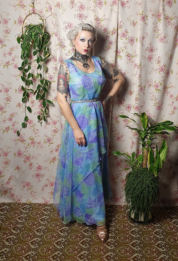 Vintage Blue Purple Green Abstract Watercolour Print Maxi Flowy 