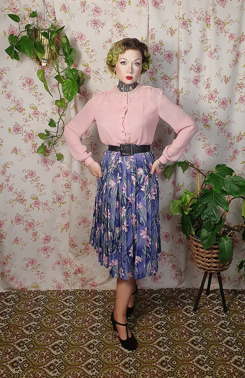 Vintage A line pleated floral blue purple pink green romantic swing skirt UK 8-10 1940s 1950s style 80s does 50s cottagecore skirt image 5