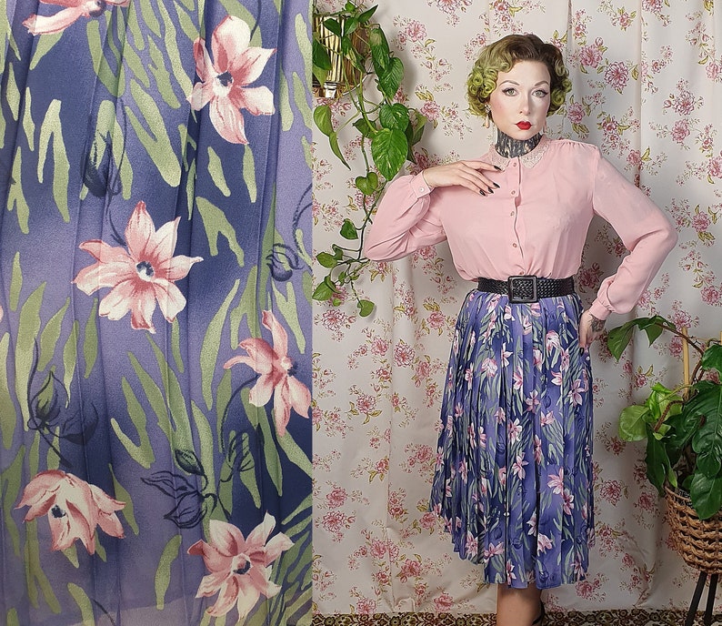 Vintage A line pleated floral blue purple pink green romantic swing skirt UK 8-10 1940s 1950s style 80s does 50s cottagecore skirt image 1