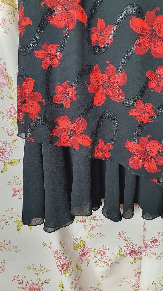 Vintage black red floral print a line midi skirt … - image 10