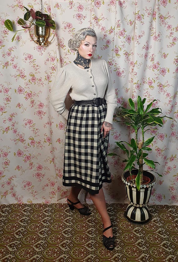 Plaid Skirt Black And White 50s Style Skirt Virgin Wool Black And
