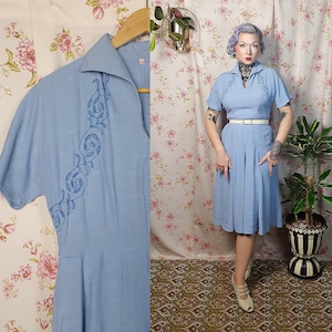 Authentic genuine 40s 50s vintage pastel blue rayon shortsleeve summer swing dress - UK8- 10- 40s 50s raw rayon soutache embroidery dress