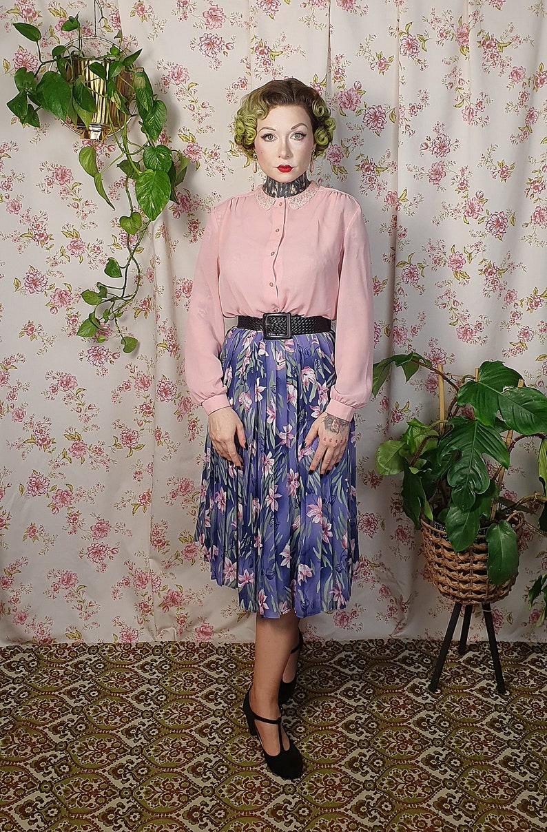 Vintage A line pleated floral blue purple pink green romantic swing skirt UK 8-10 1940s 1950s style 80s does 50s cottagecore skirt image 4