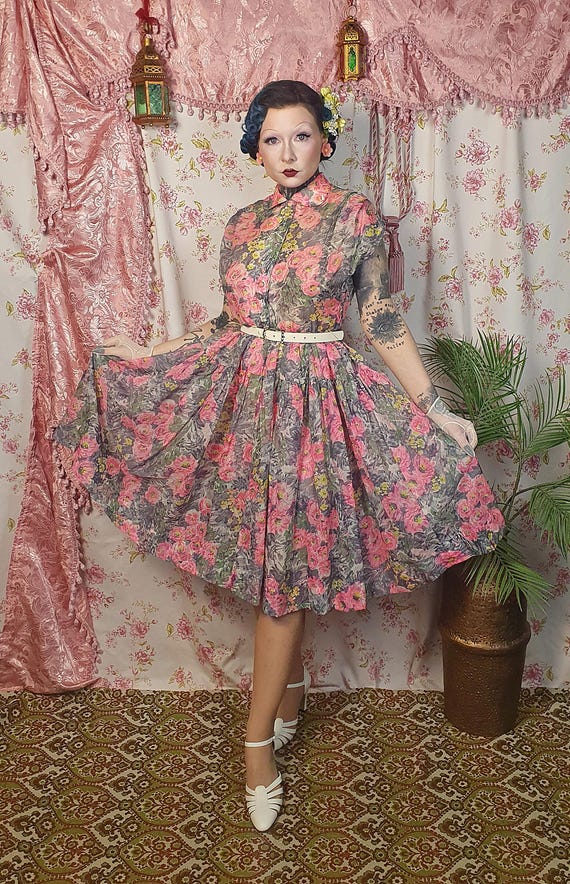grey and pink floral dress Genuine 50s 60s Vintage Pink Grey Yellow Floral Print Sleeveless Nylon  Sheer Dress - UK10